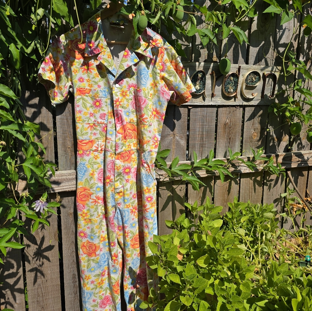 Big Bud Press Short Sleeve Jumpsuit Floral XL Multicolor Denim